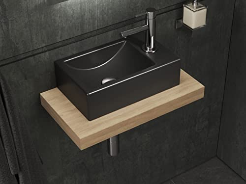Aqua Bagno | Eckiges Waschbecken schwarz matt, Handwaschbecken aus Keramik | Hanhnloch rechts | 37 cm breit, auch als Aufsatzwaschbecken geeignet