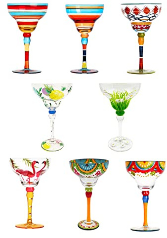 HIUHIU Verres À Margarita Peints, Collection Mexicaine Sans Pied Ensemble De Verres À Margarita Unique/Décoratif Verres À Margarita Soufflés À La Bouche,8pcs
