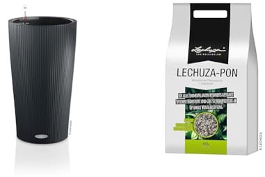 Lechuza – Pot de Fleurs d’Extérieur et d'Intérieur – Color Cilindro – Réserve d'eau Intégrée – Coloris Gris Ardoise – Ø 32 x 56 cm & Pon – Terreau Mineral Neutre – Contient de l'engrais – 18 litres