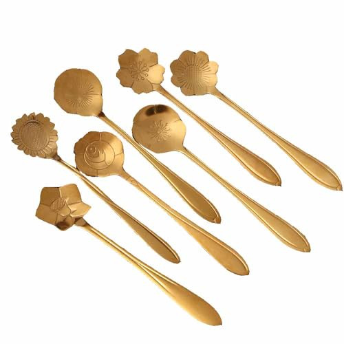 Vctitil 8PCS Cutlery Set Vintage Small Soup Spoon Bar tools Stainless Steel Mixing Spoon Gold Teaspoon