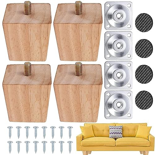 4 Stück Tischbeine Holz, Möbelfüße Aus Holz, Solide Ersatz-Füße, Schrankfüße für Ottomane, Holzfarbene Füße für Stühle, Quadratisch, Mit Schrauben und Unterlegscheiben, für Schrank, Sofa