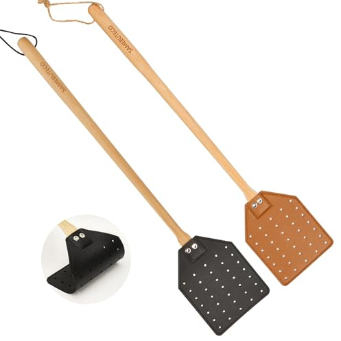SAMEBUTECO - Juego de matamoscas de piel resistente (1 gris y 1 negro incluido, 50 cm, con banco y mango de madera)