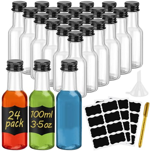 WenYa 48 Pack Mini Liquor Bottles, 100ml Empty Small Plastic Bottle with Lids (Leak Proof Black Screw Caps), Reusable Miniature Alcohol Bottles with Labels Funnel for Weddings Parties