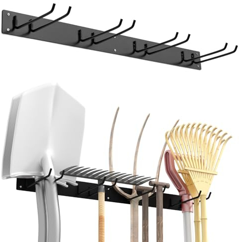 GiantexUK Wall Mounted Tool Storage Rack, Heavy-Duty Metal Garage Tool Organizer Hangers with 4 Double Row Hooks, Shovels Rakes Brooms Garden Tool Holder for Warehouse Workshop Basement