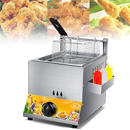 PixCy Freidora de Gas de Mesa de Acero Inoxidable, Doble Tanque de Capacidad de 12 litros, con 2 canastas y aderezos, Cocina Industrial Comercial o Uso doméstico,1tank