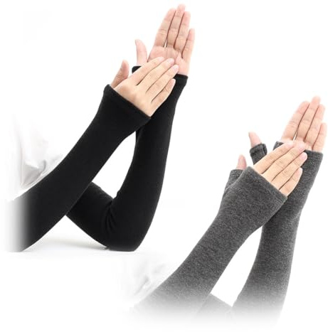 Visxcnu 2 Paar Lange Armstulpen, Lang Schwarz Fingerlos Handschuhe Armstulpen Ellenbogenlange Winter Thermo Dehnbar Strickhandschuhe mit Daumenloch für Damen(schwarz + grau)
