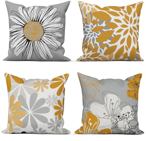 ASDCXZ Gelb Kissenbezug 40x40 cm 4er Set, Modern Gelb Grau Blumen Muster Sofa Dekokissen Kissenbezüge Kissenhülle Waschbar Polyester Flachs Textil Outdoor Kopfkissenbezug Kissen Bezug