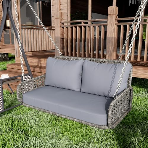 PE-Rattan-Schaukel-Doppelsitz, Hängeschaukel für den Garten im Freien, belastbar 320 kg (Grau)