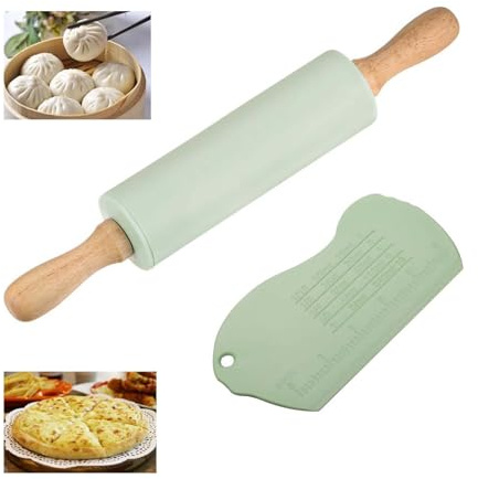 DZCYAOHL 12 Inch Rolling Pin, Silicone & Wood, 31cm x 4.2cm, Non-Stick, Easy to Clean, For Dough, Pizza, Pastry, Fondant, Arts & Crafts