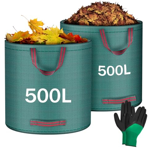 Flintronic 2Pcs 500L Heavy Duty Garden Bags,Reusable Gardens Sacks with 1 Pair of Work Gloves,Green Waste Sack with Handles, Tools Bags for Garden Waste Plant Waste Grass Leaves