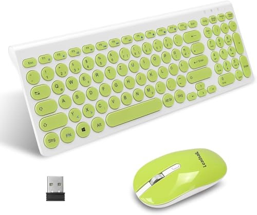 LeadsaiL Tastiera e Mouse Wireless, Kit Mouse e Tastiera Senza Filo, Ergonomica 2.4G USB Silenzioso Set 1600DPI, Tastierino Numerico, Tasti Silenziosi, Layout QWERTY per PC Laptop Windows Mac- Verde