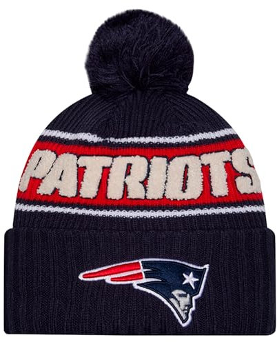 New Era Mütze für Kinder und Jugendliche, NFL Offizielles Sideline-Team-Logo, Sherpa-Streifen-Bommel, Strickmütze für kaltes Wetter, New England Patriots - Navy, Einheitsgröße