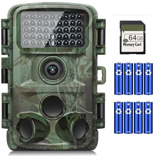 KJK 4K 64MP Wildkamera mit 64GB Speicherkarte, Wildtierkamera mit Nachtsicht, 0.05s Auslöser Bewegungsaktiviert, IP67 Wasserdicht 130° Weitwinkel 45 Stücks Infrarot-LEDs Schimmer Wildkamera