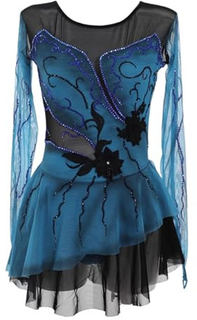 Yaaxinb Eiskunstlauf Kleid Damen Strass Leotards Eislauf Wettbewerb Kleider Ballerina Outfits Langarm Kürkleid mit Strass Rollkunstlauf Wettbewerb Tanzanzug Langarm Rollschuhkleid,Blau,M