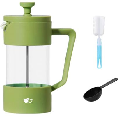 W&M Caffettiere - Caffettiera francese - Teiera Infusi - Caffettiera manuale - Caffettiera in acciaio inox - Vetro Borosilicato - Triplo filtro - Cucchiaio dosatore + detergente - Colore verde - 600