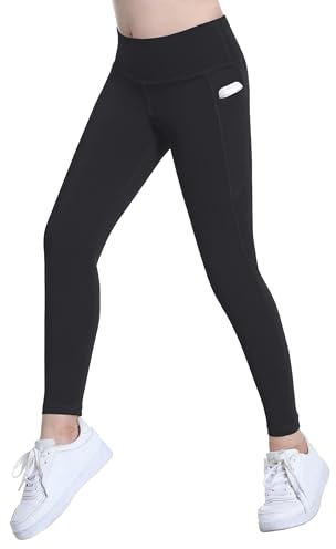 VilyR Sportleggings för flickor barn hög midja löpning yogabyxor med fickor 5-11 år, Svart, 6-7 År