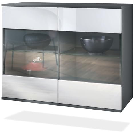 Vladon Kommode Bari V3, Moderner Küchenschrank mit 2 großen Glastüren inkl. RGB Beleuchtung Anthrazit matt/Weiß Hochglanz (92,5 x 73.5 x 35)