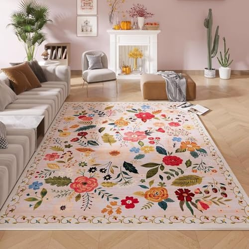 ARRITS Teppich Wohnzimmer Beige 120x180 cm - Weicher Vintage Boho Blumen, Rutschfest Waschbar Rechteckiger Kurzflor, Bettvorleger für Schlafzimmer Kinderzimmer Home Deko