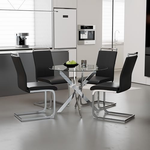 GOLDFAN Table à Manger en Verre Ronde 80 cm avec 4 Chaises, Design Moderne, Chrome et Noire
