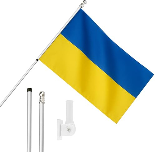 I LOVE FANCY DRESS Ensemble de drapeau, mât de drapeau et support mural – Drapeau ukrainien de 1,5 x 0,9 m avec œillets, mât extensible et support – Décoration intérieure et extérieure