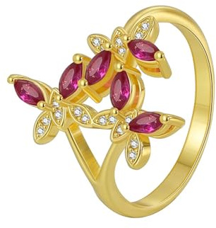 AMDXD 18 Karat Gelbgold Freundschaftsringe Echtschmuck, Diamantring Schmetterling mit Labor Erstellt Rubin Marquiseschliff Rose Rot, Partnerringe mit Moissanit Au 750, Gr.48 (15.3)