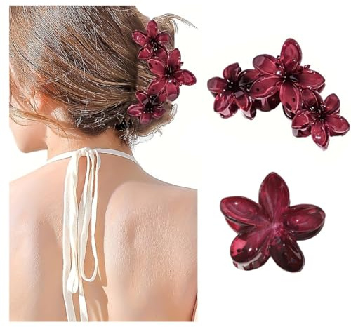 2 er Hawaiian Plumeria Haarklammer Blumen Haarspangen Groß Damen Claw Clip mit Plumeria-Blumen Rutschfeste Krallenklammern Hawaii-Haarschmuck für Dickes Dünnes Haar Party Strand Pool Burgunderrot