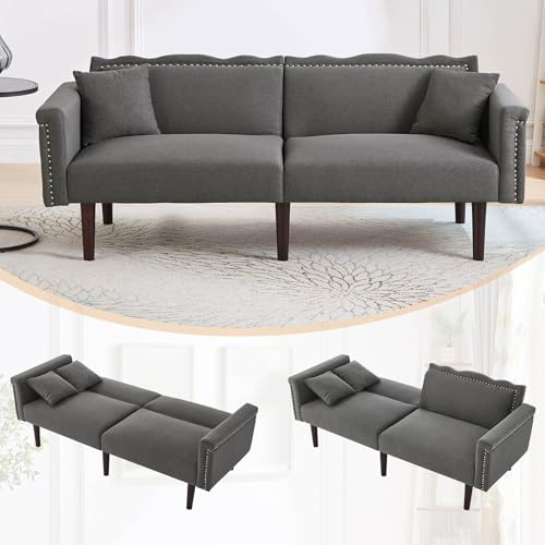 Aceinheu Schlafsofa 2-Sitzer mit Schlaffunktion, 2-in-1 Sofabett mit getrennt verstellbaren Rückenlehnen, Zweisitzer-Sofa aus Baumwoll-Leinen-Stoff & Holzbeinen, (Antikgrau)