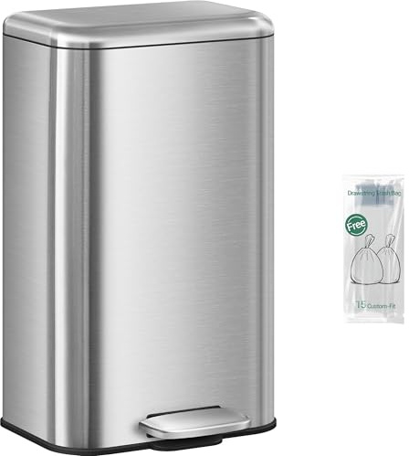 Hzuaneri Poubelle de Cuisine 30L, Poubelle Bureau, avec Pédale, avec Couvercle à Fermeture en Douceur, en Acier, Seau Intérieur, avec 15 Sacs Poubelles, Argent SW13099B