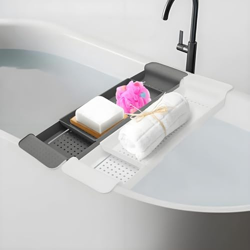 JF HOME BLISS Adjustable Bathtub Caddy Tray Retractable Bath Rack Shelf with Drain Holes Expandable Bathtub Organizer Holder for Wine Glass Book Tablet Phone Candles Bathroom (Black)