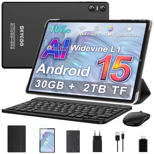 SKYEGG Tablet 10 Pulgadas Android 15, 30 GB RAM, con Teclado y Ratón, Negro | ROM Ampliable hasta 2 TB, Octa-Core, Widevine L1, WiFi 5 GHz, BT 5.0, Cámara 8 MP + 5 MP y Batería 6000 mAh