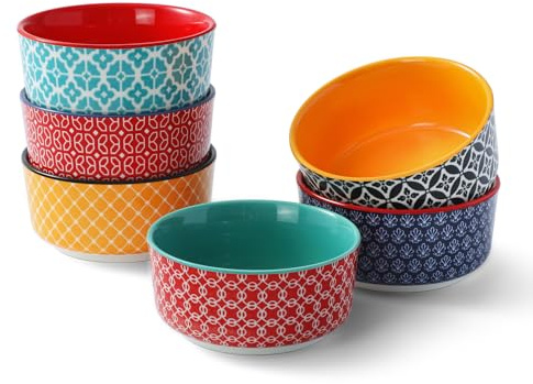 DOWAN Ramekins Set of 6, 120 ml Creme Brulee Ramekins, Porcelain Ramekin Dishes for Crème Brûlée, Soufflé, Dessert, Microwave, Air Fryer & Dishwasher Safe, 9 cm, Multicolour