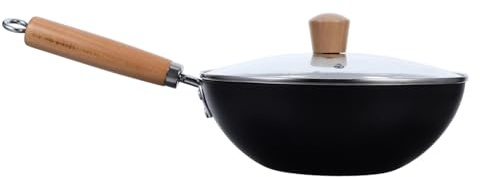 Alipis Padella Wok Piccola in Ferro Senza Rivestimento con Manico in Legno e Coperchio Pentola Profonda Multiuso per Piani Cottura e Cucina Cinese per Saltare e Cuocere