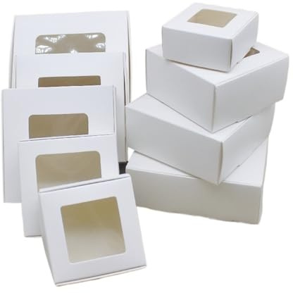 10 Stück weiße/Kraftpapier-/weißmarmorierte quadratische Verpackungskartons in verschiedenen Größen, geeignet for Geschenke und Pralinen(White window box,10x10x6cm)