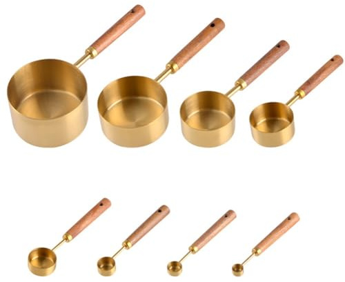 Lawnoval Lot de 8 tasses et cuillères à mesurer en acier inoxydable avec poignées en bois, tailles gravées pour pâtisserie et cuisine, design de rangement suspendu