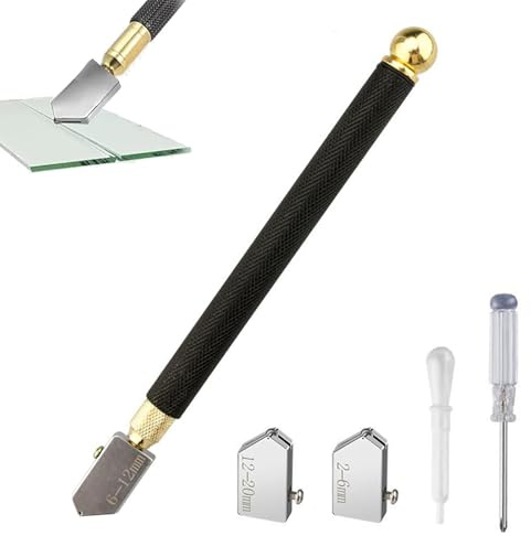 Sqxaldm Glasskärare 2–20 mm, glasskärare set med 3 hårdmetallskärhuvuden, halkfritt handtag, pennstil glasskärverktyg för tjockt glas, speglar, kakel, mosaik