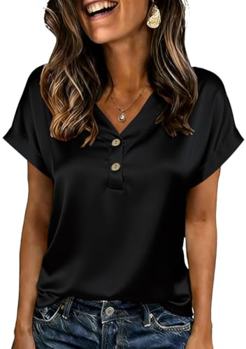 ABINGOO Blusa Mujer Satén Manga Corta Elegante Cuello en V Camisas con Botones Color Sólido Camiseta Casual Tops(Negro,L)
