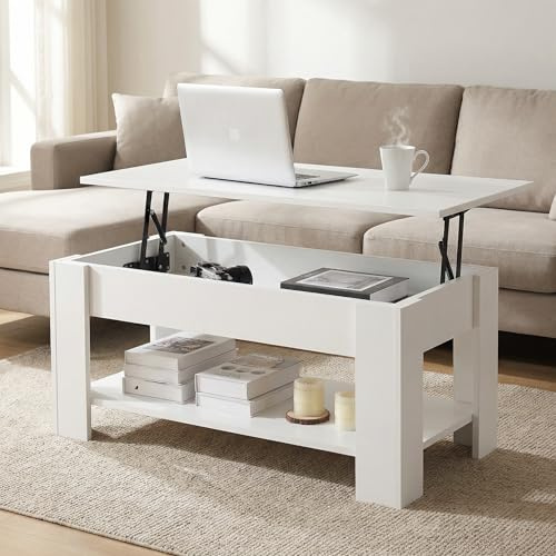 Oyajia Mesa de Centro Elevable y Extensible, Mesa de Salón o Comedor Mesita Cafe con Almacenaje y Estante Almacenamiento Oculto Modernos Blanco 98x50x(42-56) cm