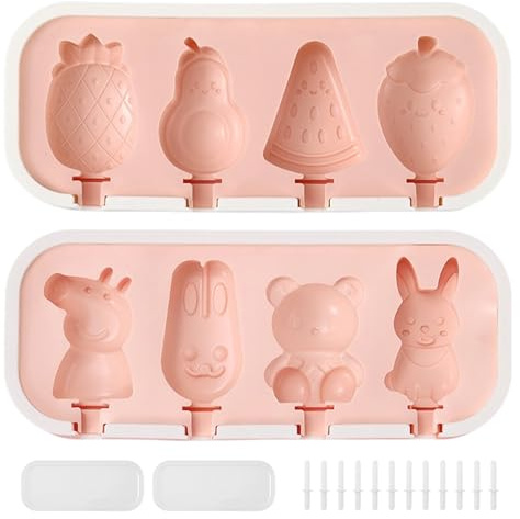 Set 2 Moldes para Helados de Silicona, 8 Formas Dibujos Animados & Frutas Molde Helado con Tapa y 12 Palitos Reutilizables, Sin BPA para Hacer Helados Caseros