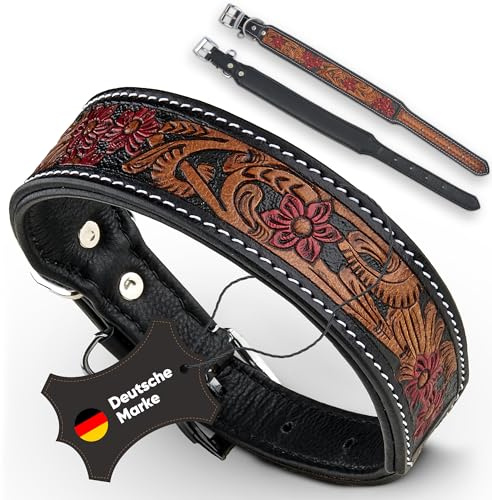 MICHUR® Hundehalsband Leder Blumenmuster Schwarz Rot Braun | Lederhalsband, Handgefertigt, gepolstert, fellschonend, Verstellbar, Schwarz, Rot, Braun