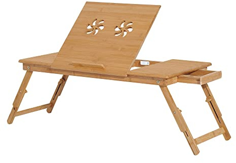 HOMCOM Mesa de Ordenador Portátil Bambú Bandeja de Cama Desayuno Plegable Reclinable Altura Ajustable Soporte Escritorio de Regazo 1 Cajón 72x35x22-30cm