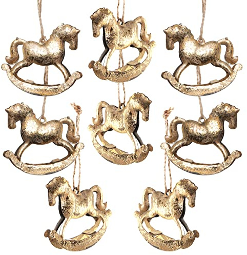 Schaukelpferd Anhänger Weihnachten – 8er Set Goldfarbene Christbaumanhänger aus Blech – 6 x 6 cm – nostalgische Weihnachtsdeko zum Aufhängen – Logbuch-Verlag