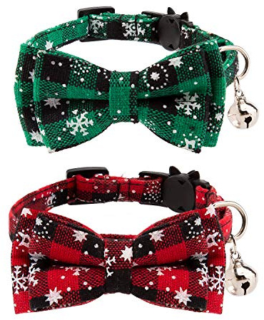 LUTER 2 Pezzi Collari per Gatti Natalizi a Quadri, Cravatte Staccabili con Fiocco e Campanelli, Collari Regolabili per Gatti, Forniture per Gattini e Cuccioli (Rosso, Verde)
