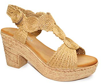 IVACHY Womens Sandal Ladies Summer Knitted Block Heels Espadrille Platform Wedge Shoes Size UK Caramel