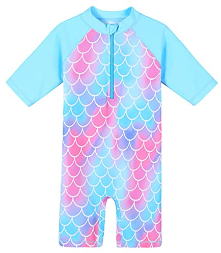 ZNYUNE Tuta da nuoto a maniche lunghe Rashguards da Wakeboard Ragazza Costume da bagno 1 pezzo UPF50+ Anti-UV - Protezione solare, Sirena-blu Manica Corta, 6-8 anni