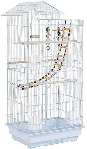 Yaheetech Gabbia Voliera per Uccelli Pappagalli Inseparabili Calopsite Parrocchetti in Metallo e Legno con Giocattoli Bianca