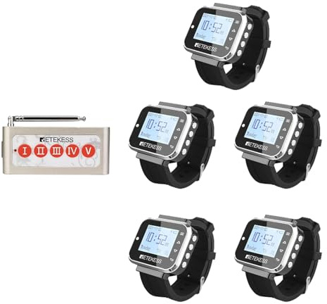 Retekess TD110 Sistema di Chiamata, Cercapersone di Fabbrica, Impermeabile e Standby 72h, Utilizzare la Distanza 300m,1 Pulsante Chiamate 5 Ricevitori Orologio, per Fabbriche Manifatturiere, Magazzini