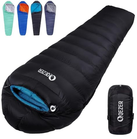 QEZER Sacco a pelo in piuma per adulti 20 gradi freddo sacco a pelo con 600 Fill Power Down Backpacking Ultralight Mummia Sacco a pelo