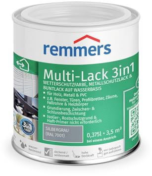 Remmers Multi-Lack 3in1 silbergrau (RAL 7001), 0,375 Liter, Wetterschutzfarbe, Metallschutzlack & Buntlack auf Wasserbasis für Holz, Metall & PVC