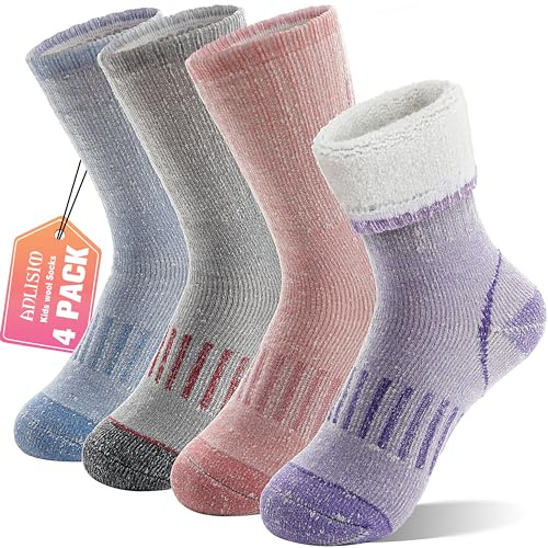 Anlisim Wool Socks, Thermal Winter Warm Thick Merino Wool Hiking Socks for Kids & Teens, 4 Pairs(8-12 Years, Assorted)