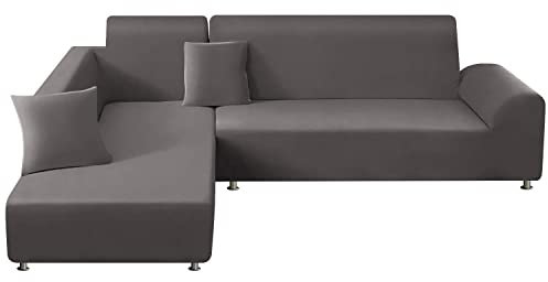 ShowyLive Sofa Überzug Couch Überzug 2er Set für Ecksofa L-Form Sofabezug 3 Sitzer+4 Sitzer, mit 2 Stück Kissenbezug, Grau